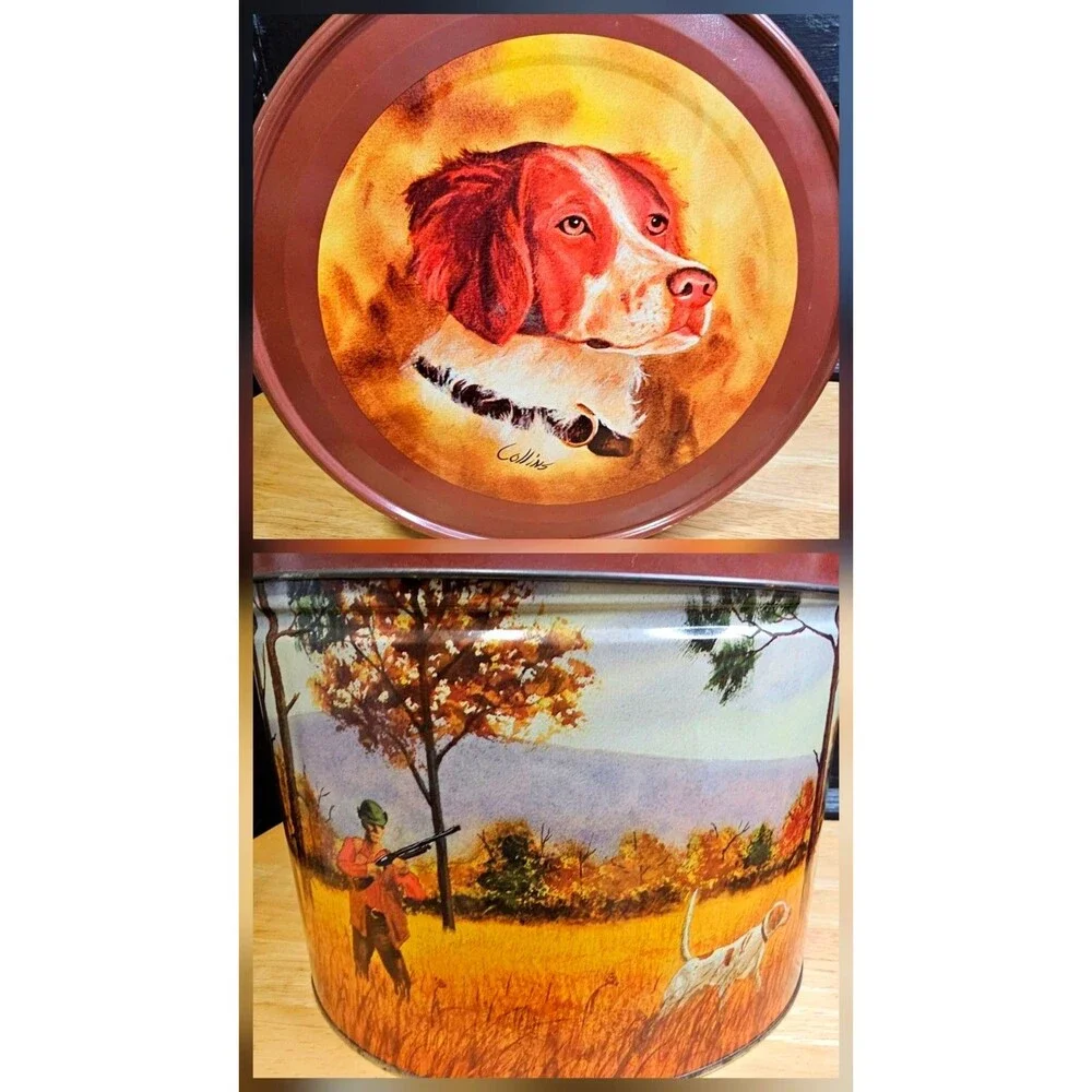 Vintage Popcorn Tin R.L. Collins Hunting Dogs Pheasant Metal Canister 10